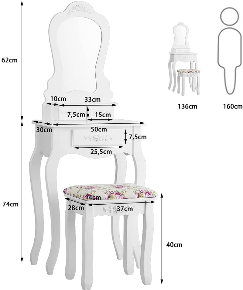 Kaptafel set met waaiervormige spiegel, make-up tafel met kussentje en 3 lades, kaptafel voor cosmetica opslag, 2 in 1 klassiek kaptafel set met afneembare bovendeel, cadeau voor meisjes (Wit)